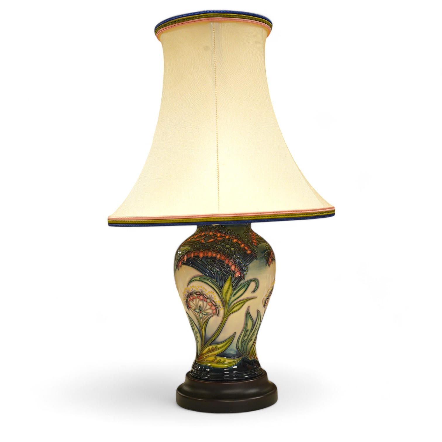 A Moorcroft lamp, shape 65/6, painter LB, with shade 37cm high. Condition - fair to good